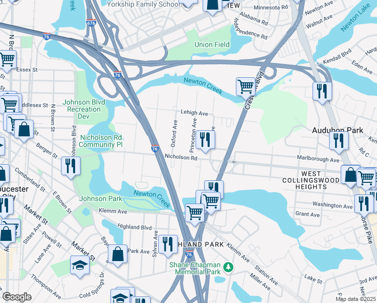 map of restaurants, bars, coffee shops, grocery stores, and more near 10 Princeton Avenue in Gloucester City
