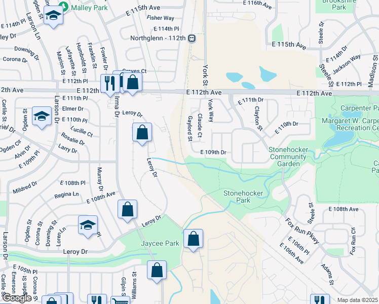 map of restaurants, bars, coffee shops, grocery stores, and more near 2257 East 109th Drive in Northglenn