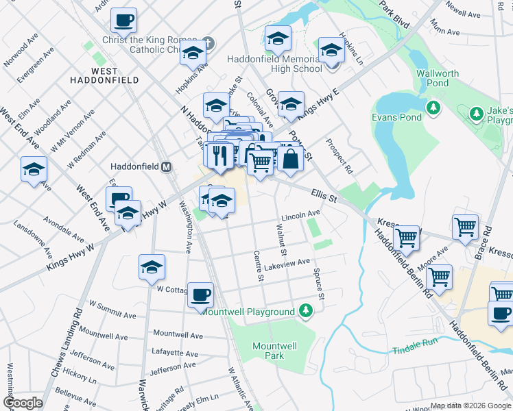 map of restaurants, bars, coffee shops, grocery stores, and more near 63 Centre Street in Haddonfield