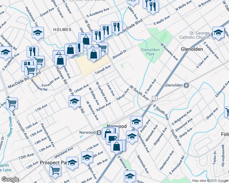 map of restaurants, bars, coffee shops, grocery stores, and more near 219 Leon Avenue in Norwood