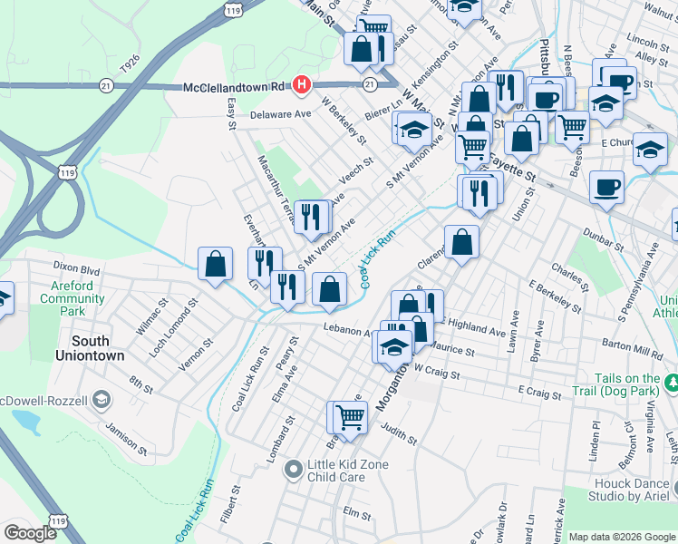 map of restaurants, bars, coffee shops, grocery stores, and more near Miller Avenue in Uniontown