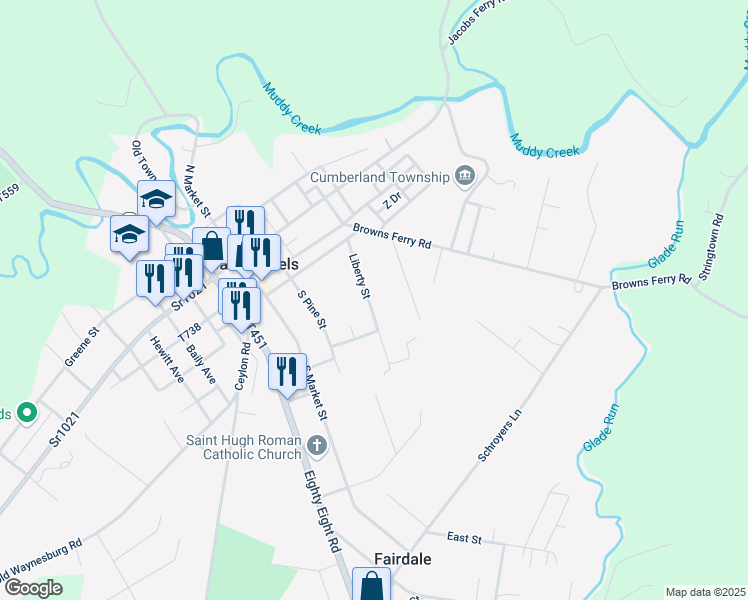 map of restaurants, bars, coffee shops, grocery stores, and more near 302 Liberty Street in Carmichaels