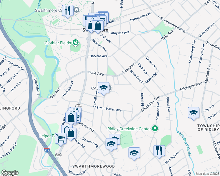 map of restaurants, bars, coffee shops, grocery stores, and more near 315 Rutgers Avenue in Swarthmore