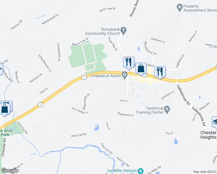 map of restaurants, bars, coffee shops, grocery stores, and more near 244 Baltimore Pike in Delaware County