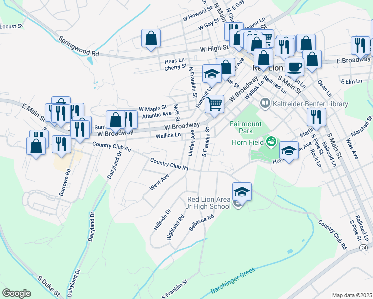map of restaurants, bars, coffee shops, grocery stores, and more near 132 Linden Ave in Red Lion