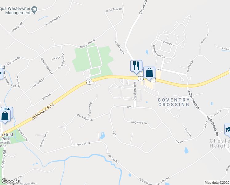 map of restaurants, bars, coffee shops, grocery stores, and more near 244 Baltimore Pike in Delaware County
