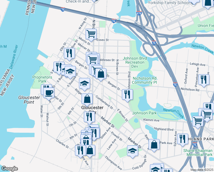 map of restaurants, bars, coffee shops, grocery stores, and more near 809 Monmouth Street in Gloucester City