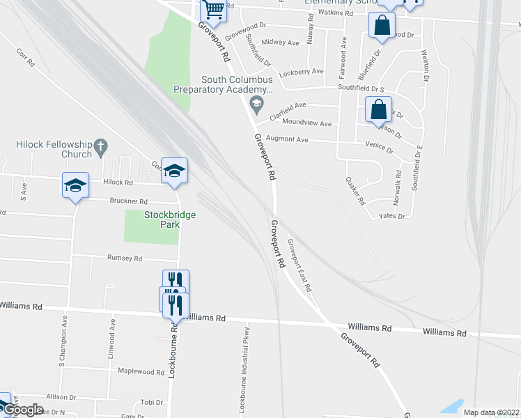 map of restaurants, bars, coffee shops, grocery stores, and more near 3277-3297 Groveport Road in Columbus