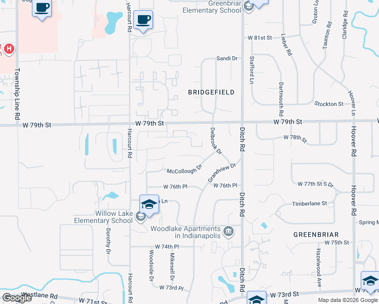 map of restaurants, bars, coffee shops, grocery stores, and more near 1616 McCollough Court in Indianapolis