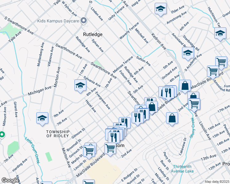 map of restaurants, bars, coffee shops, grocery stores, and more near 550 Sylvania Avenue in Folsom