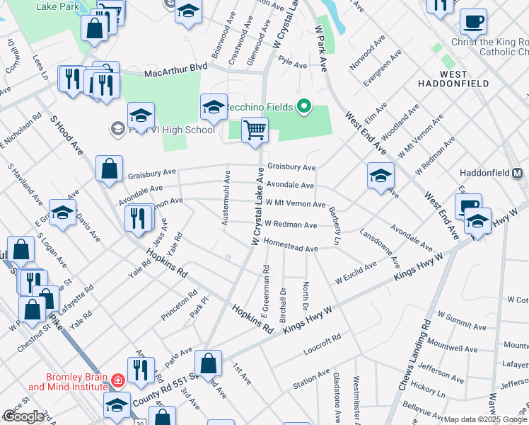 map of restaurants, bars, coffee shops, grocery stores, and more near 554 West Crystal Lake Avenue in Haddonfield