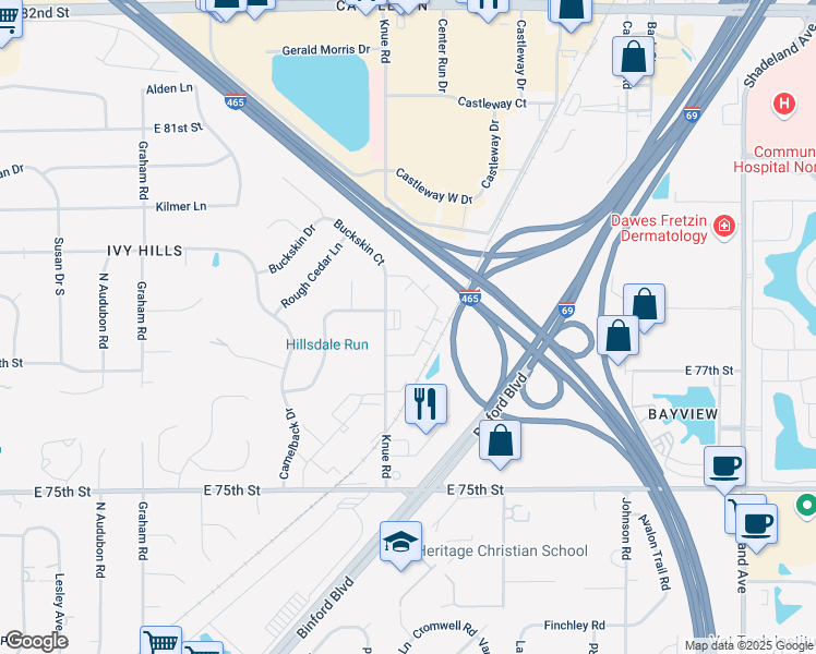 map of restaurants, bars, coffee shops, grocery stores, and more near 7737 Knue Road in Indianapolis