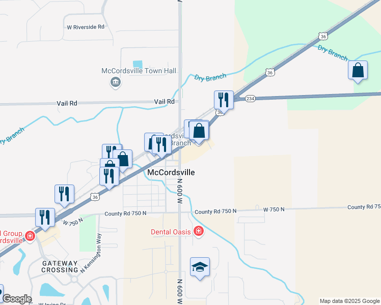 map of restaurants, bars, coffee shops, grocery stores, and more near 5981 West Broadway in McCordsville