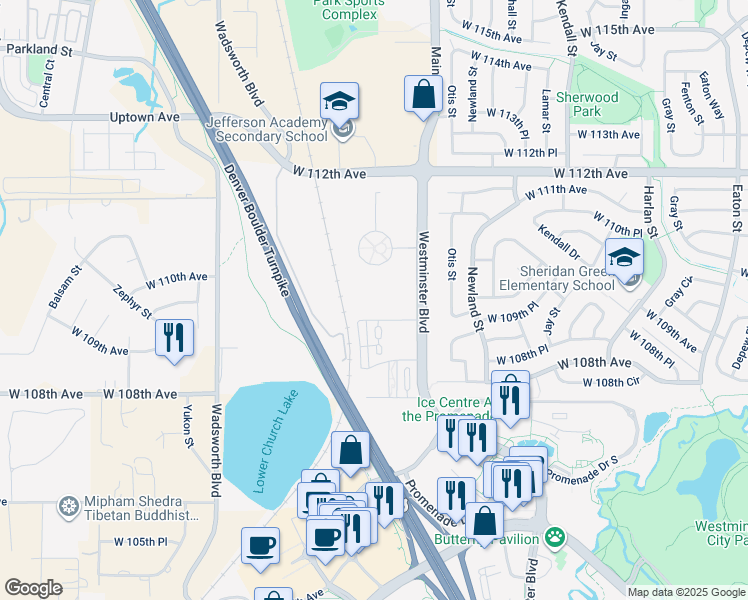 map of restaurants, bars, coffee shops, grocery stores, and more near 10975 Circle Point Road in Westminster