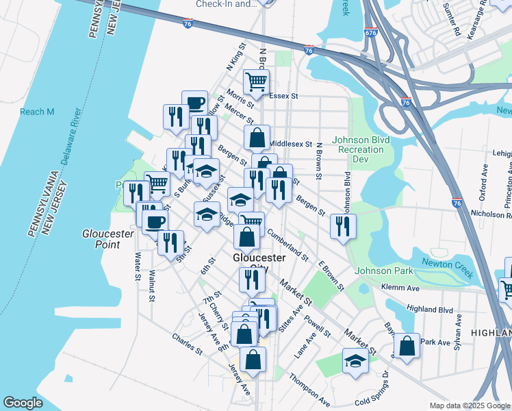 map of restaurants, bars, coffee shops, grocery stores, and more near 22 South Broadway in Gloucester City