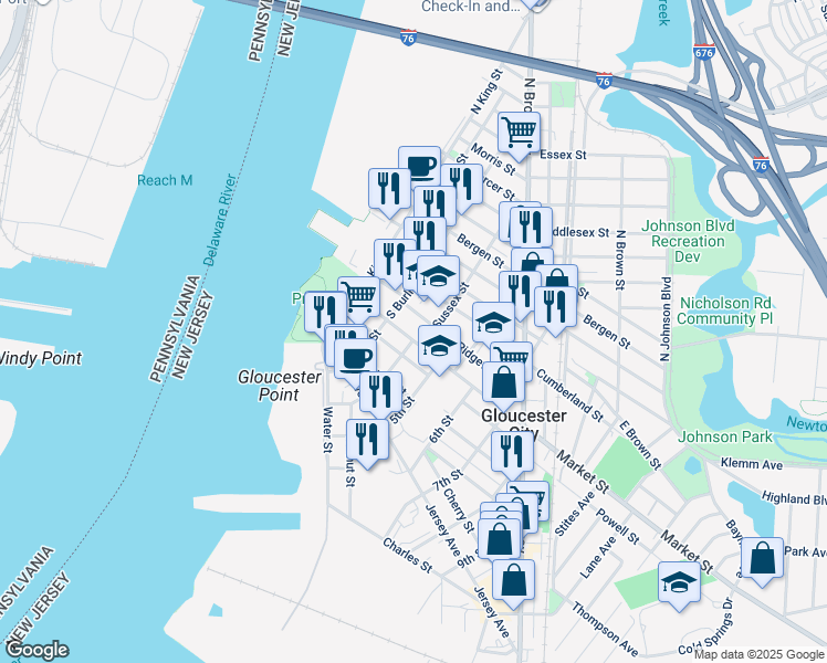 map of restaurants, bars, coffee shops, grocery stores, and more near 337 Market Street in Gloucester City