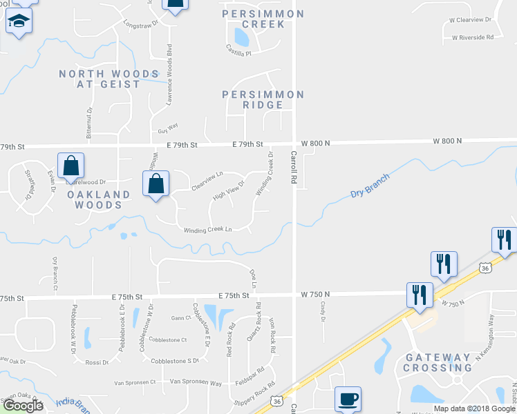 map of restaurants, bars, coffee shops, grocery stores, and more near 7715 Winding Creek Drive in Indianapolis