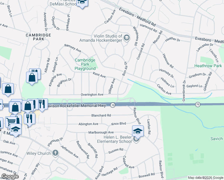map of restaurants, bars, coffee shops, grocery stores, and more near 18 Overington Avenue in Evesham