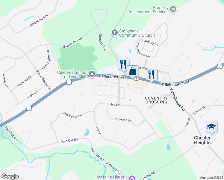 map of restaurants, bars, coffee shops, grocery stores, and more near 20 Dougherty Boulevard in Glen Mills