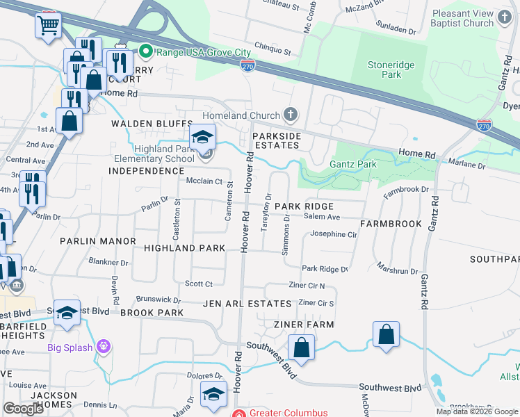 map of restaurants, bars, coffee shops, grocery stores, and more near 2442 Salem Avenue in Grove City