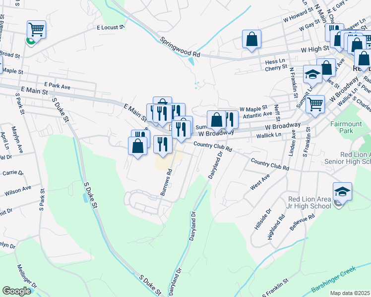 map of restaurants, bars, coffee shops, grocery stores, and more near 880 Country Club Road in Dallastown