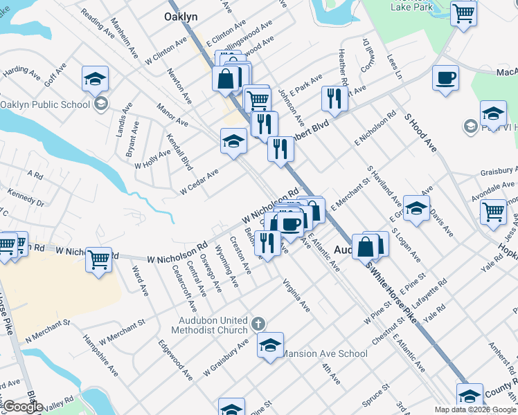 map of restaurants, bars, coffee shops, grocery stores, and more near 108 West Nicholson Road in Audubon