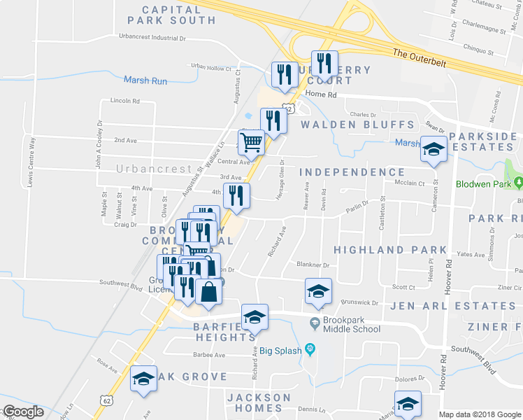 map of restaurants, bars, coffee shops, grocery stores, and more near 2896 Parlin Drive in Grove City