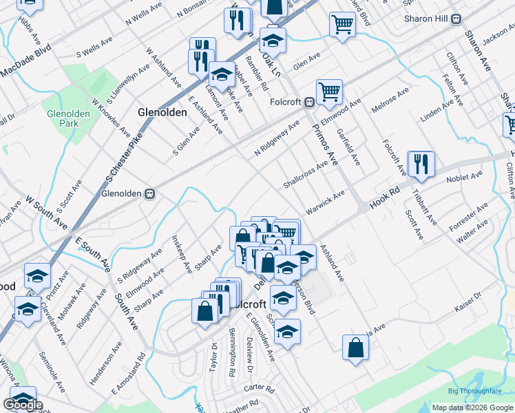map of restaurants, bars, coffee shops, grocery stores, and more near 1837 Shallcross Avenue in Folcroft