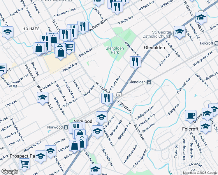map of restaurants, bars, coffee shops, grocery stores, and more near 422 South Scott Avenue in Glenolden