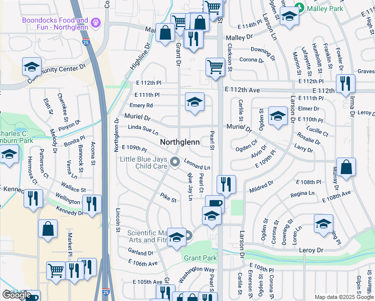 map of restaurants, bars, coffee shops, grocery stores, and more near 10975 Pearl Way in Northglenn