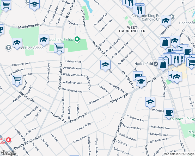 map of restaurants, bars, coffee shops, grocery stores, and more near 218 Avondale Avenue in Haddonfield