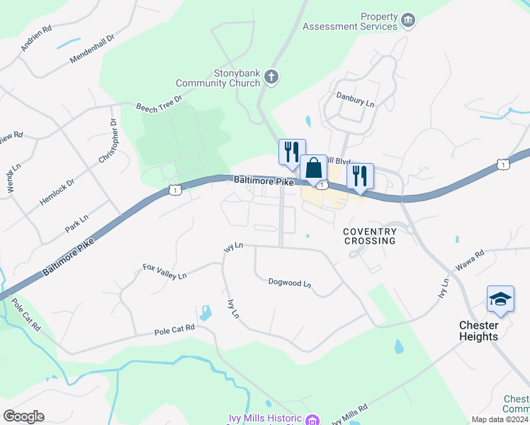 map of restaurants, bars, coffee shops, grocery stores, and more near 26 Dougherty Boulevard in Glen Mills