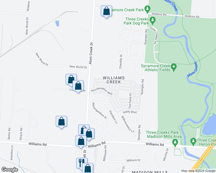 map of restaurants, bars, coffee shops, grocery stores, and more near 3646 Roll Call Drive in Columbus