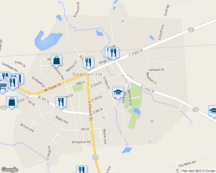 map of restaurants, bars, coffee shops, grocery stores, and more near 108 South Hess Street in Quarryville