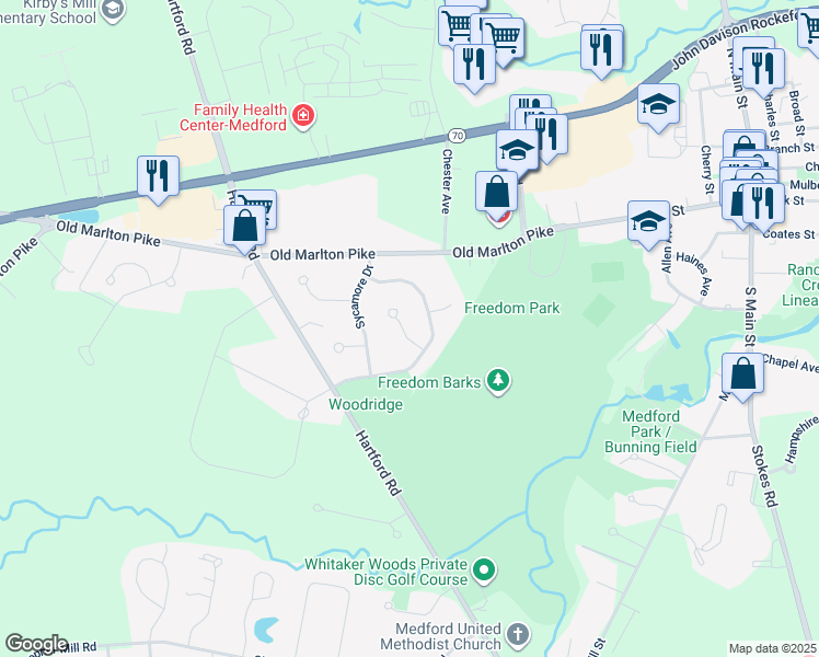 map of restaurants, bars, coffee shops, grocery stores, and more near 205 Balsam Court in Medford