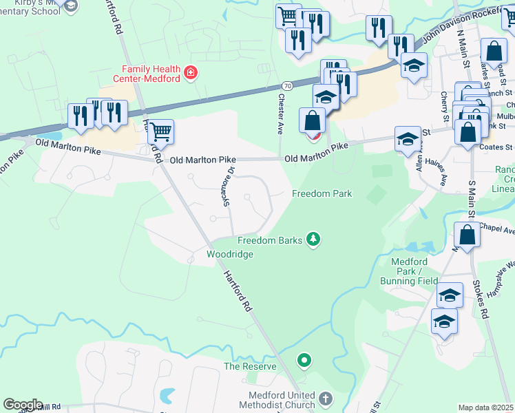 map of restaurants, bars, coffee shops, grocery stores, and more near 205 Balsam Court in Medford