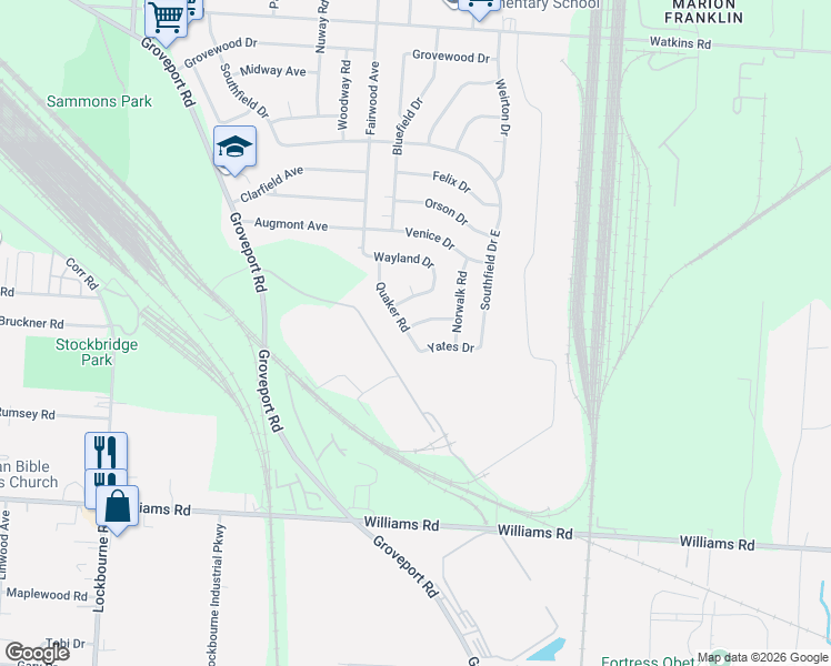 map of restaurants, bars, coffee shops, grocery stores, and more near 3412 Quaker Road in Columbus