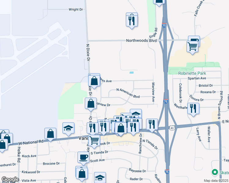 map of restaurants, bars, coffee shops, grocery stores, and more near 234 North American Boulevard in Vandalia