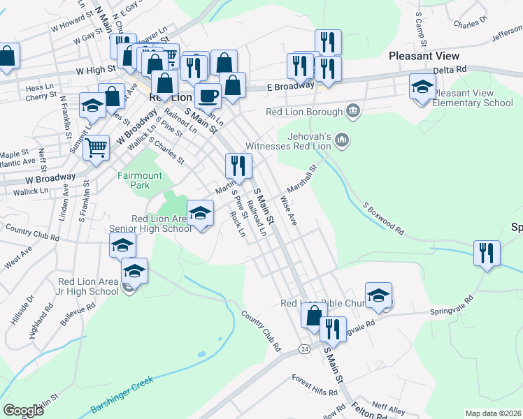 map of restaurants, bars, coffee shops, grocery stores, and more near 508 South Main Street in Red Lion
