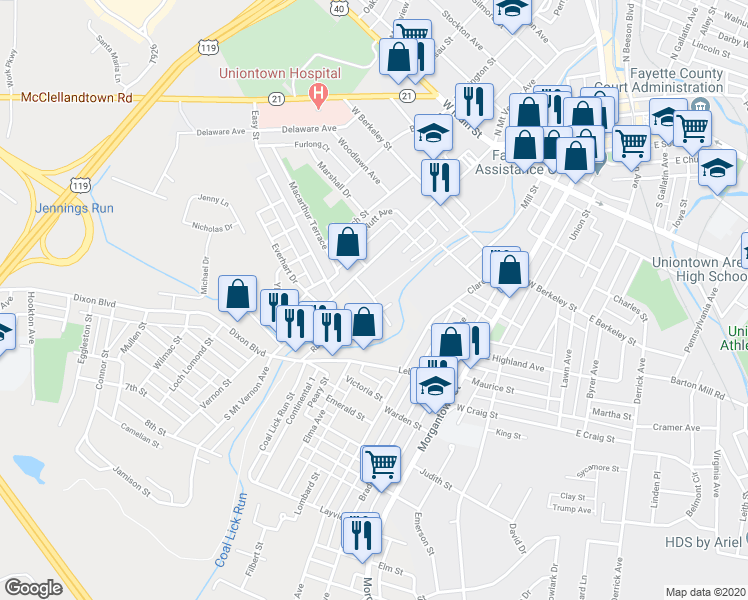 map of restaurants, bars, coffee shops, grocery stores, and more near Miller Avenue in Uniontown