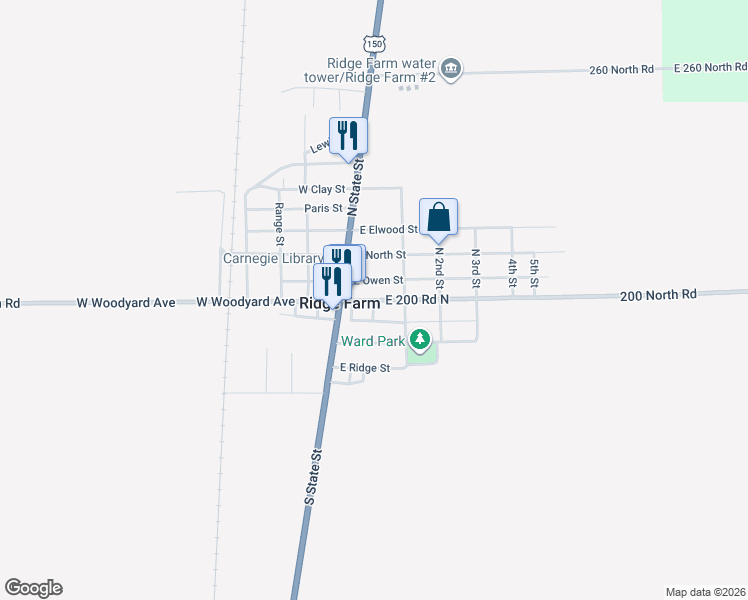 map of restaurants, bars, coffee shops, grocery stores, and more near 10 East Woodyard Avenue in Ridge Farm