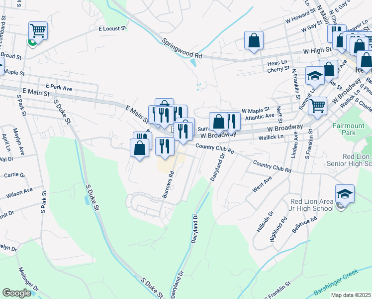map of restaurants, bars, coffee shops, grocery stores, and more near 880 Country Club Road in Dallastown