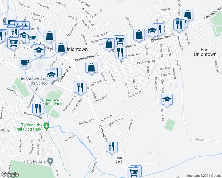map of restaurants, bars, coffee shops, grocery stores, and more near 79 Carlisle St in Uniontown