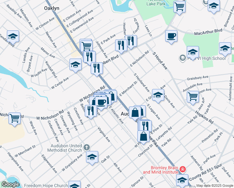 map of restaurants, bars, coffee shops, grocery stores, and more near 40 South White Horse Pike in Audubon