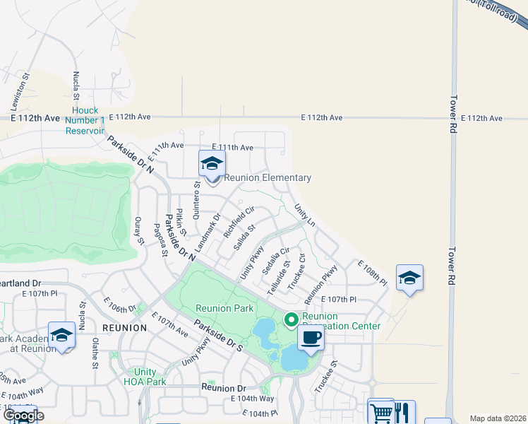 map of restaurants, bars, coffee shops, grocery stores, and more near 11070 Richfield Circle in Commerce City
