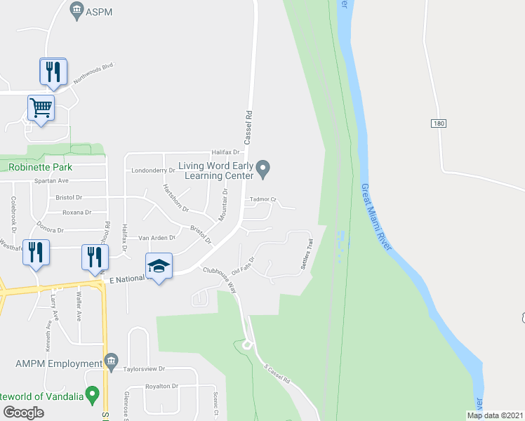 map of restaurants, bars, coffee shops, grocery stores, and more near 208 North Cassel Road in Vandalia