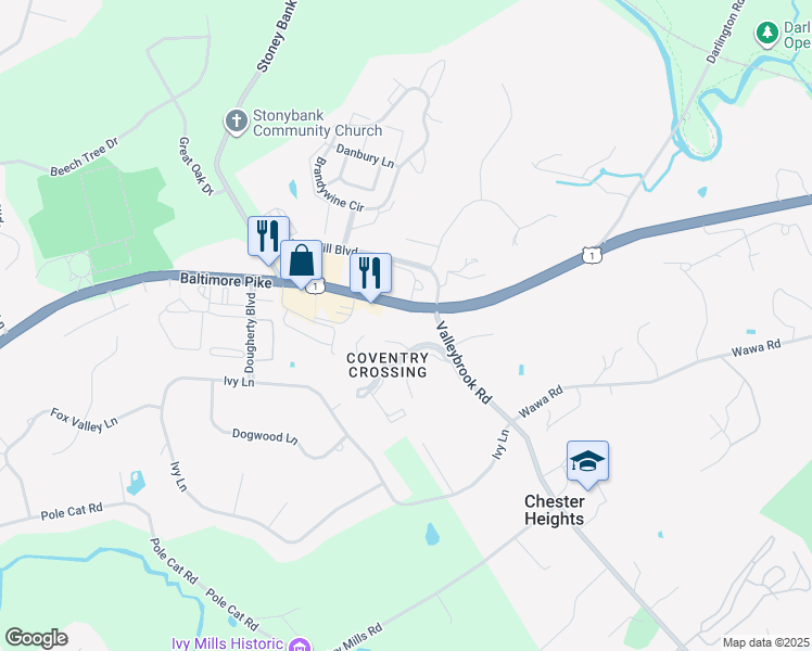map of restaurants, bars, coffee shops, grocery stores, and more near 104-106 Baltimore Pike in Glen Mills