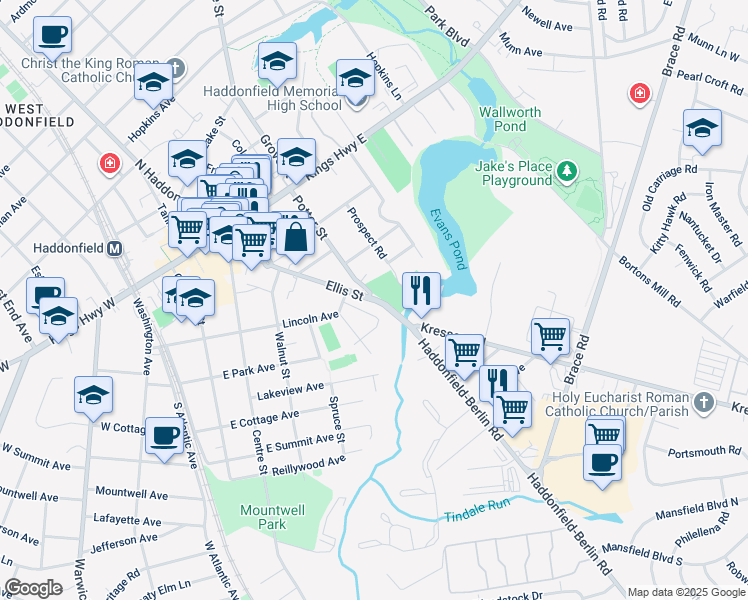 map of restaurants, bars, coffee shops, grocery stores, and more near 218 Ellis Street in Haddonfield