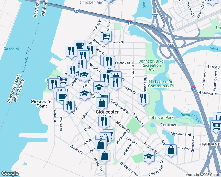map of restaurants, bars, coffee shops, grocery stores, and more near 22 South Broadway in Gloucester City