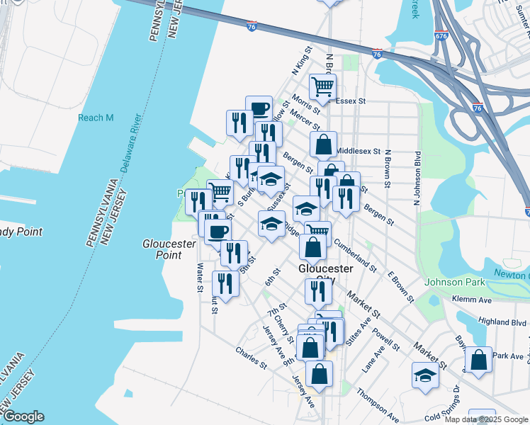map of restaurants, bars, coffee shops, grocery stores, and more near 337 Market Street in Gloucester City